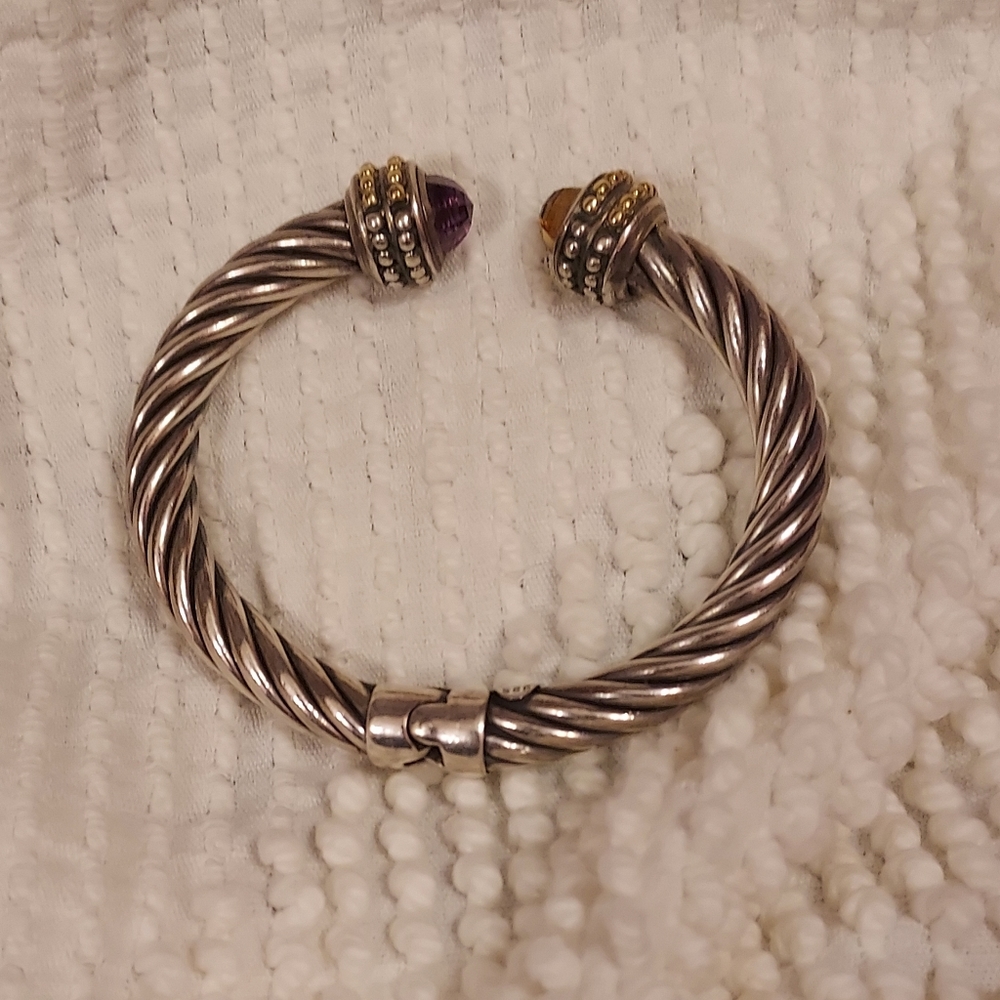 Sterling silver & 18k gold swirled, hinged, cuff w/Citrine & Amethyst ~ Burdick
